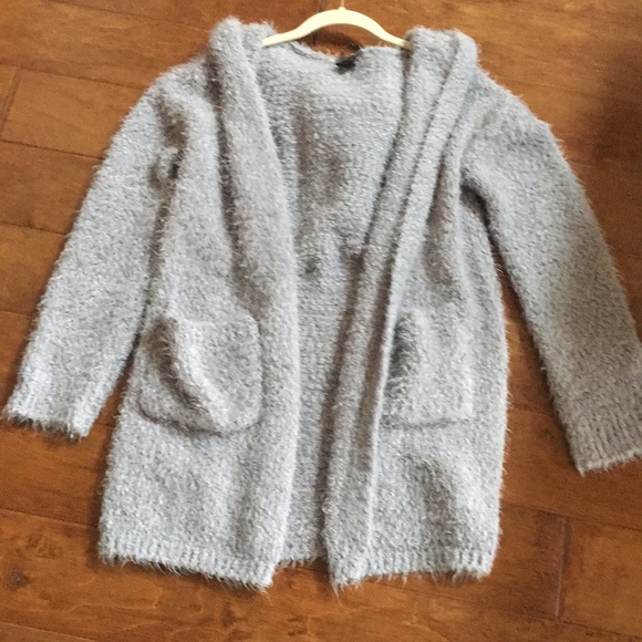 Medium Sweater Gray Teddy Bear Soft Hooded Lounge Open Cardigan - Picture 6 of 8